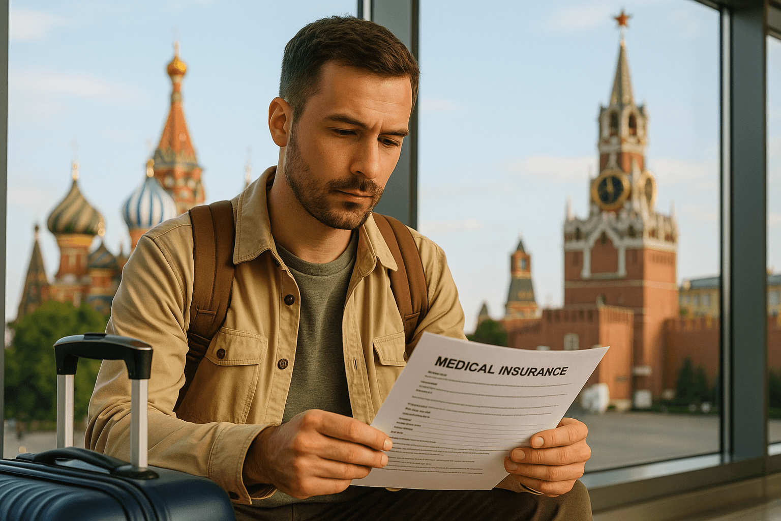 AI Generated: A traveler reviewing medical insurance documents at an airport, with a backdrop of Russian landmarks
