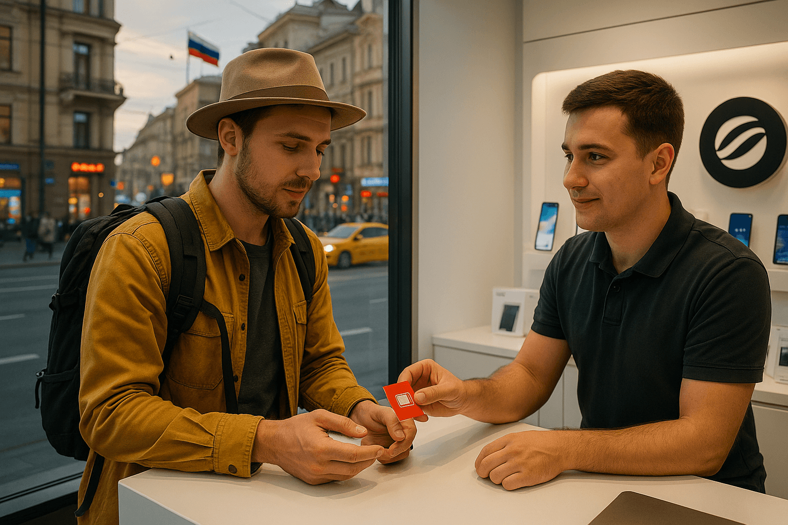 AI Generated: A traveler purchasing a SIM card at an official mobile operator store in Russia, with a backdrop of 