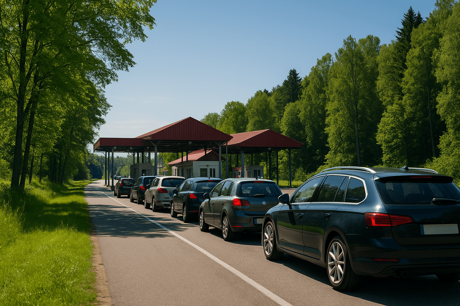 AI Generated: A scenic border crossing into Kaliningrad from Europe, showing cars waiting, lush green surroundings