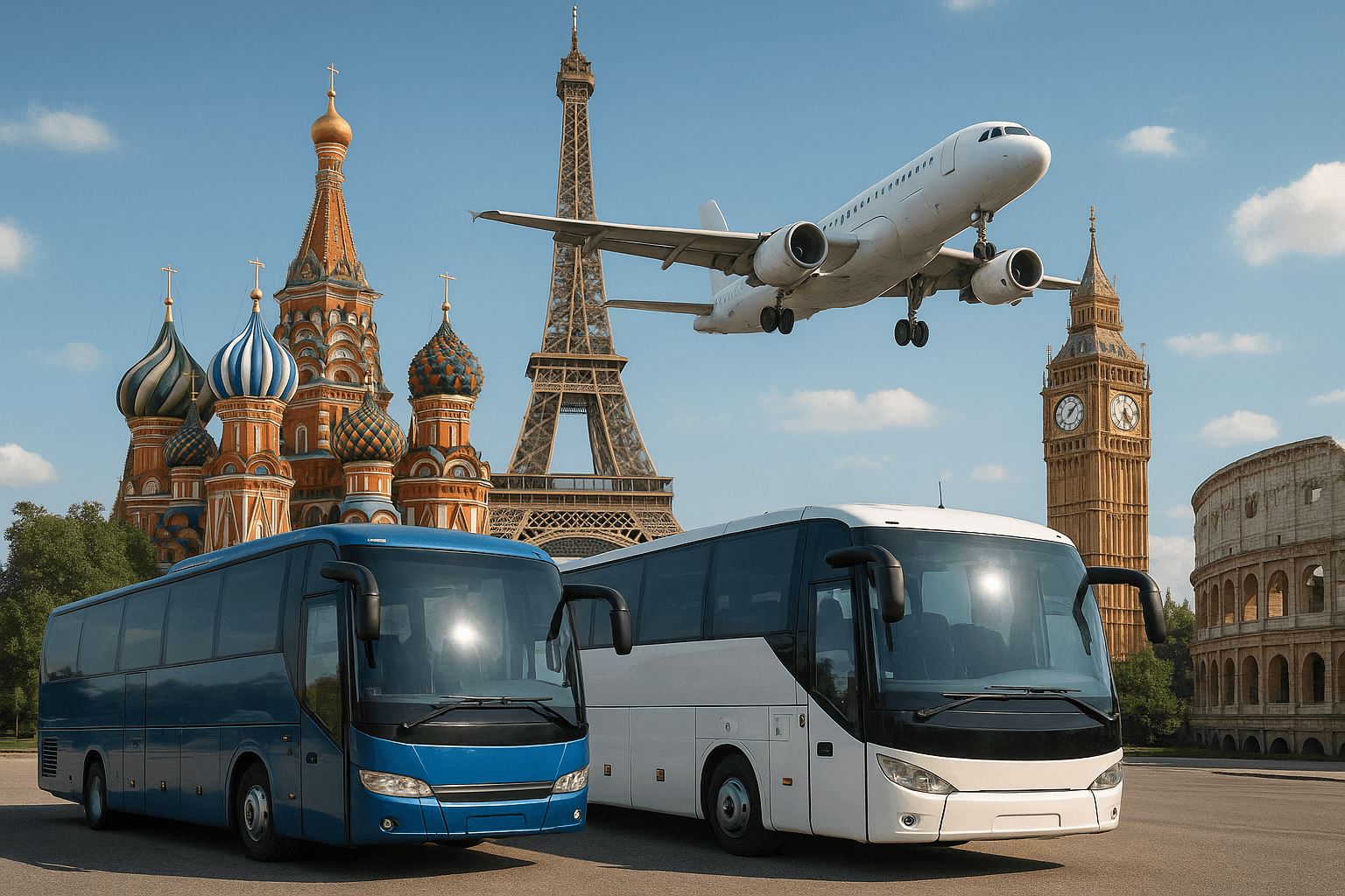 AI Generated: A scenic travel montage showing buses and airplanes with iconic landmarks from Europe and Russia, co