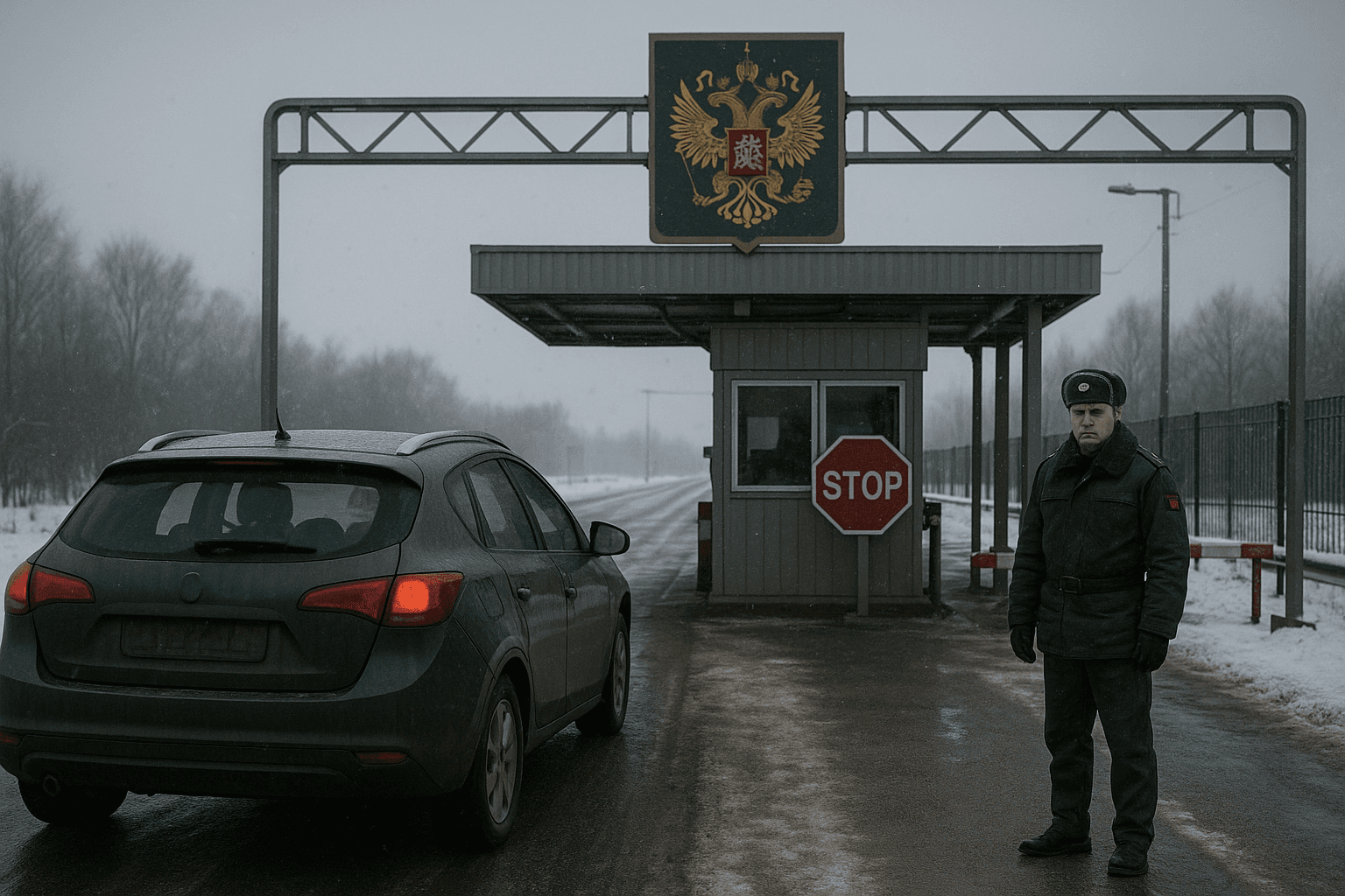 AI Generated: Photorealistic travel photography of a car approaching a Russian border crossing on a snowy day. Ste